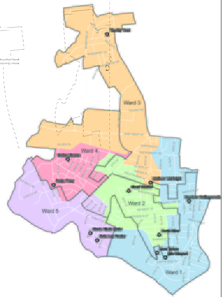 This map shows the new ward boundaries, with current ones outlined in black. Council incumbents will all be staying in their wards, along with most residents. Ward 3 saw the biggest shift. Graphic courtesy City of Hyattsville.