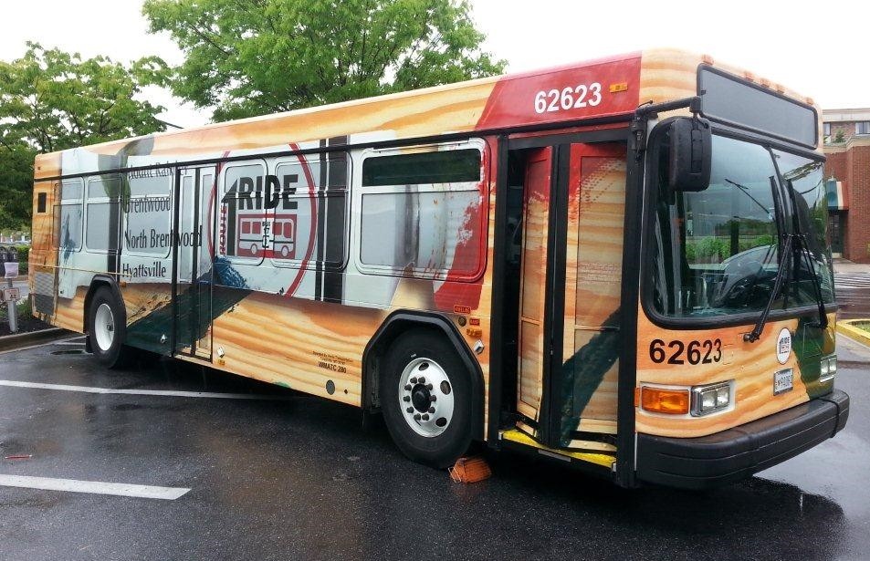 The Route 1 Ride bus, featuring Jennifer Axner's paint-tube design. Axner won the design competition, which was sponsored by the Hyattsville CDC,  in November 2012