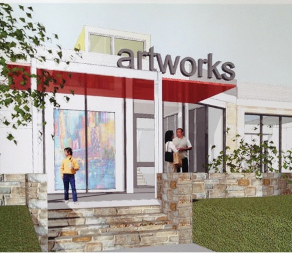 An artistʼs rendering of the exterior of the proposed Art Works renovation project at 4800 Rhode Island Avenue.  Photo courtesy Art Works.