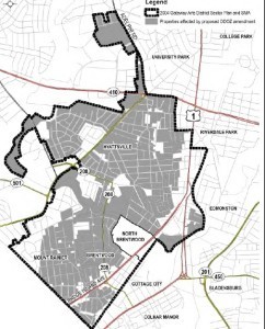 The Gateway Arts District Overlay Zone is outlined in black.  Shaded homes are affected by this amendment.