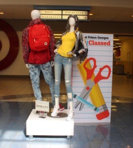 The Mall at Prince George’s displays back-to-school items from the Shoe City store in the lead-up to Maryland Tax-Free Week.