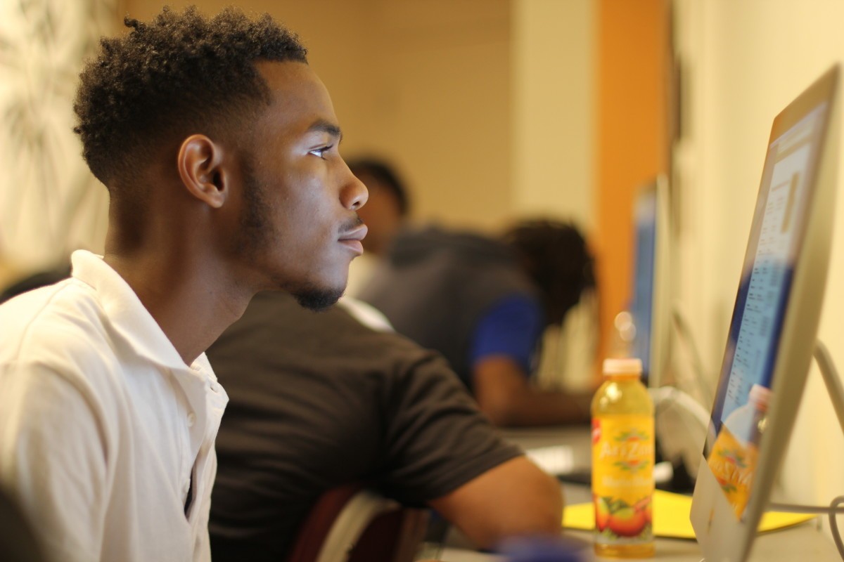 Northwestern HS student Roderick R. researching colleges in the post-secondary session. Photo courtesy Joe's Movement Emporium.