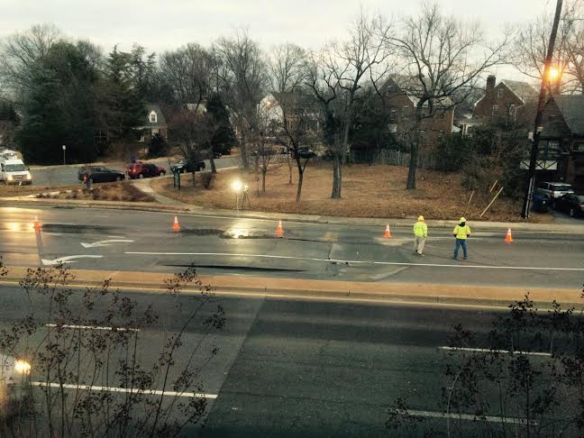 The water main break made part of East West Highway buckle. Photo courtesy Elizabeth Pfaffenroth.