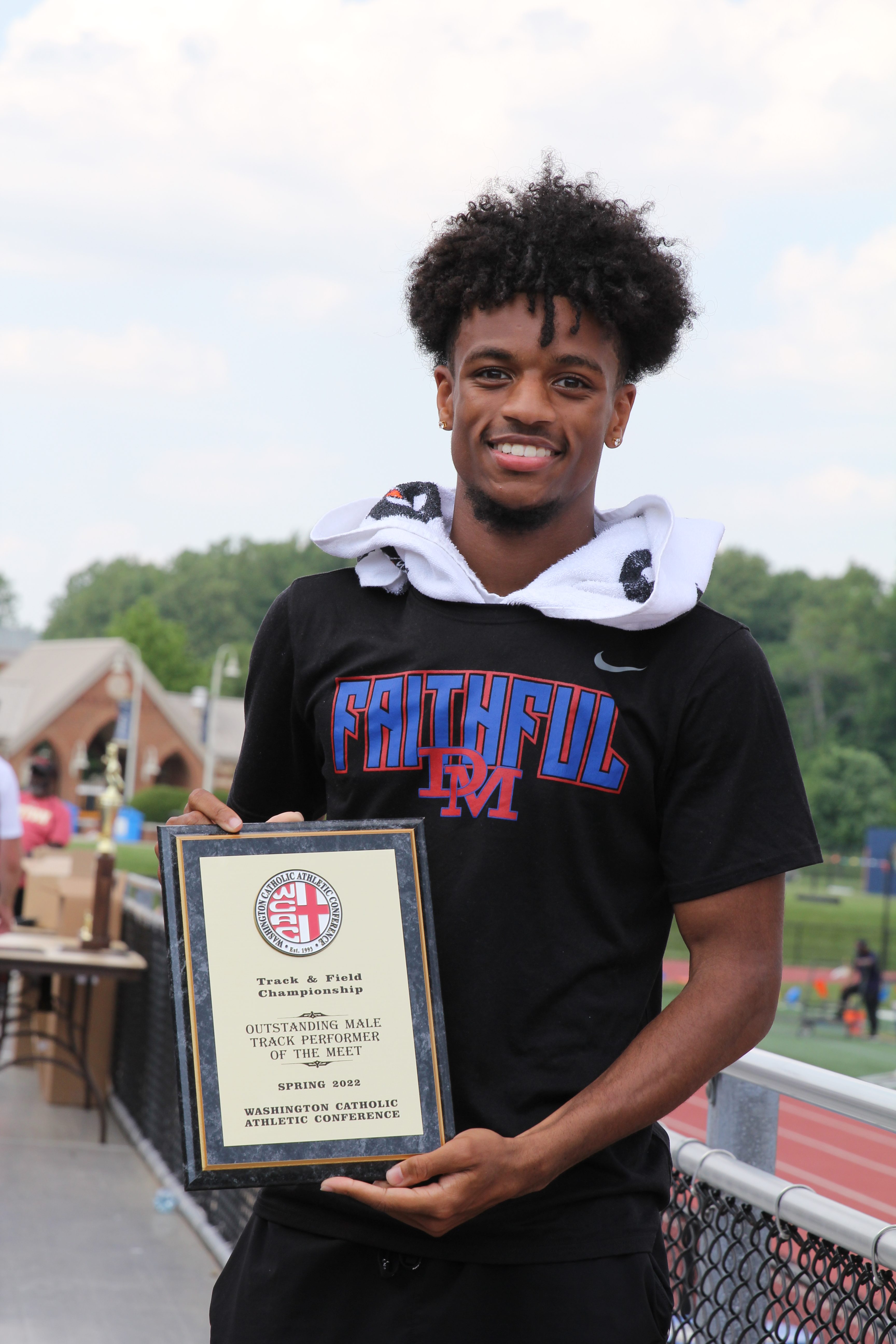  Senior Dawson Grogan helped lead DeMatha to the 2022 WCAC outdoor track championships by winning two individual events and contributing to a meet-record 4x800-meter relay team. He was named outstanding male runner and will compete next year at North Carolina A&T University in Greensboro. Courtesy of Ed King. 