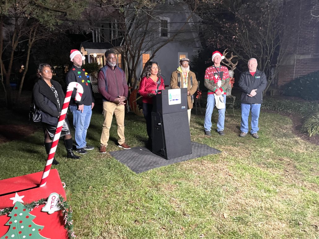  (From left to right) Councilmember Christine Johnson (At-Large), Council President James Kole (Ward 1), Laurel Mayor Keith Sydnor, Laurel Director of Communications Audrey Barnes, Ward 2 Councilmembers Jeffrey Mills and Carl DeWalt and Bill Bailey, director, Laurel Department of Parks and Recreation, gather for a short presentation before the lighting ceremony.
