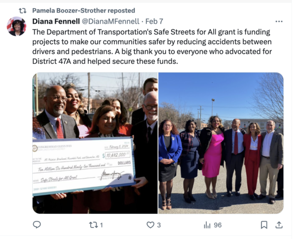 A screenshot of Twitter post showing local politicians celebrating a federal grant for safe streets. Image on left shows giant check held by politicians.