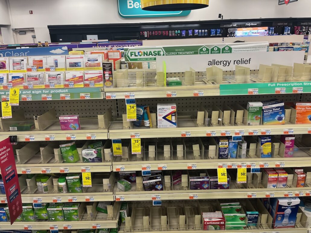 Bare shelves in the allergy section of a Hyattsville CVS reflect the high pollen counts
