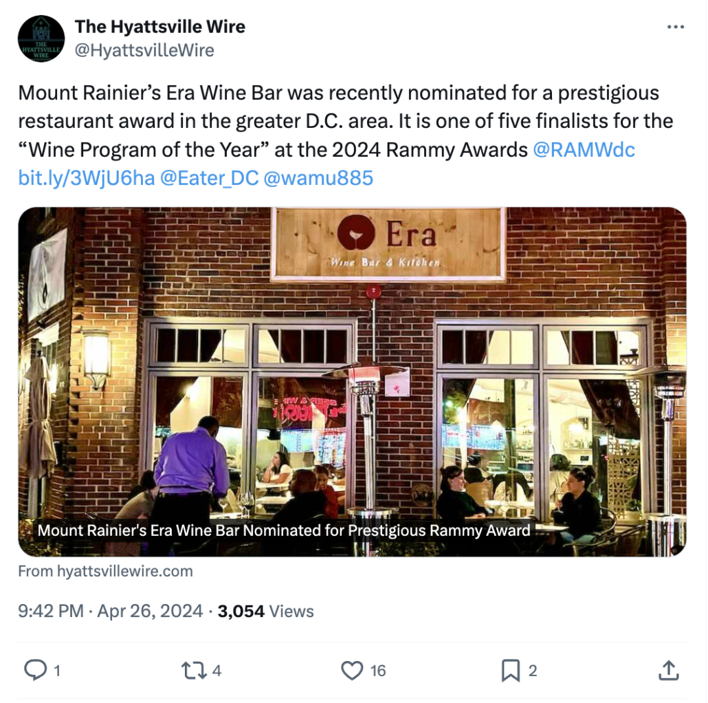 Tweet by the Hyattsville Wire about Era Wine bar